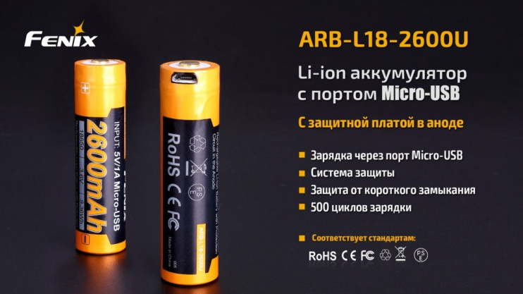 Акумулятор 18650 Fenix (2600 mAh) micro usb зарядка 