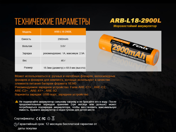 Акумулятор Fenix ARB-L18-2900l (2900mAh) 