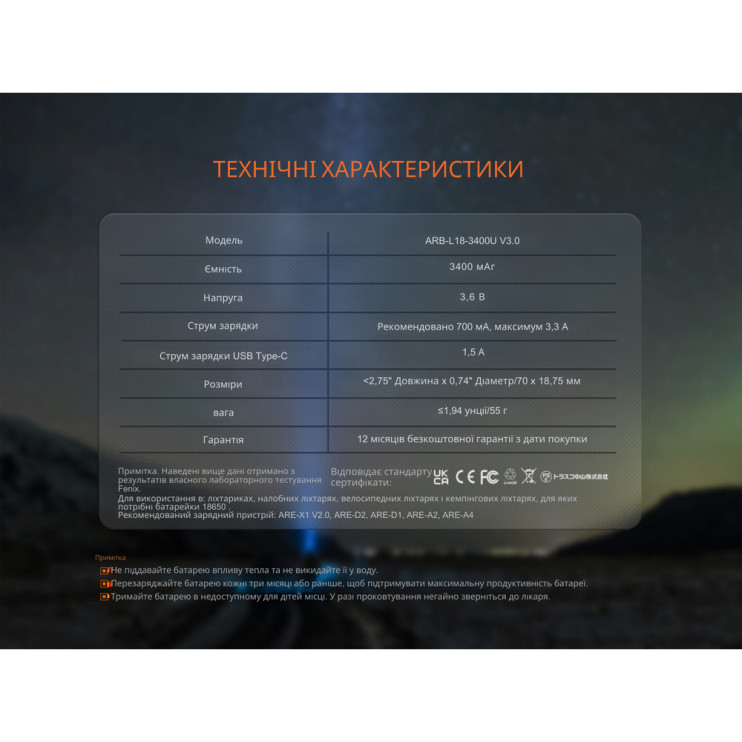 Акумулятор 18650 Fenix (3400 mAh) Type-C V3.0 
