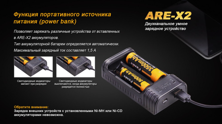 Зарядное устройство Fenix ARE-X2 (10440, 14500, 16340, 18650, 26650)  